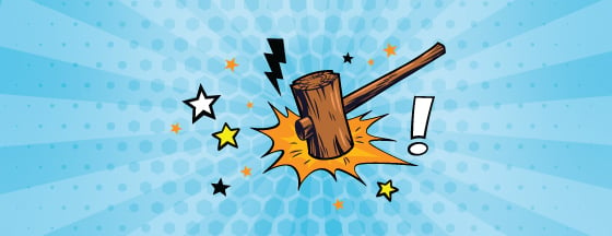 In a comic book style, a wooden mallet slamming down, surrounded by various callouts, on a blue striped background